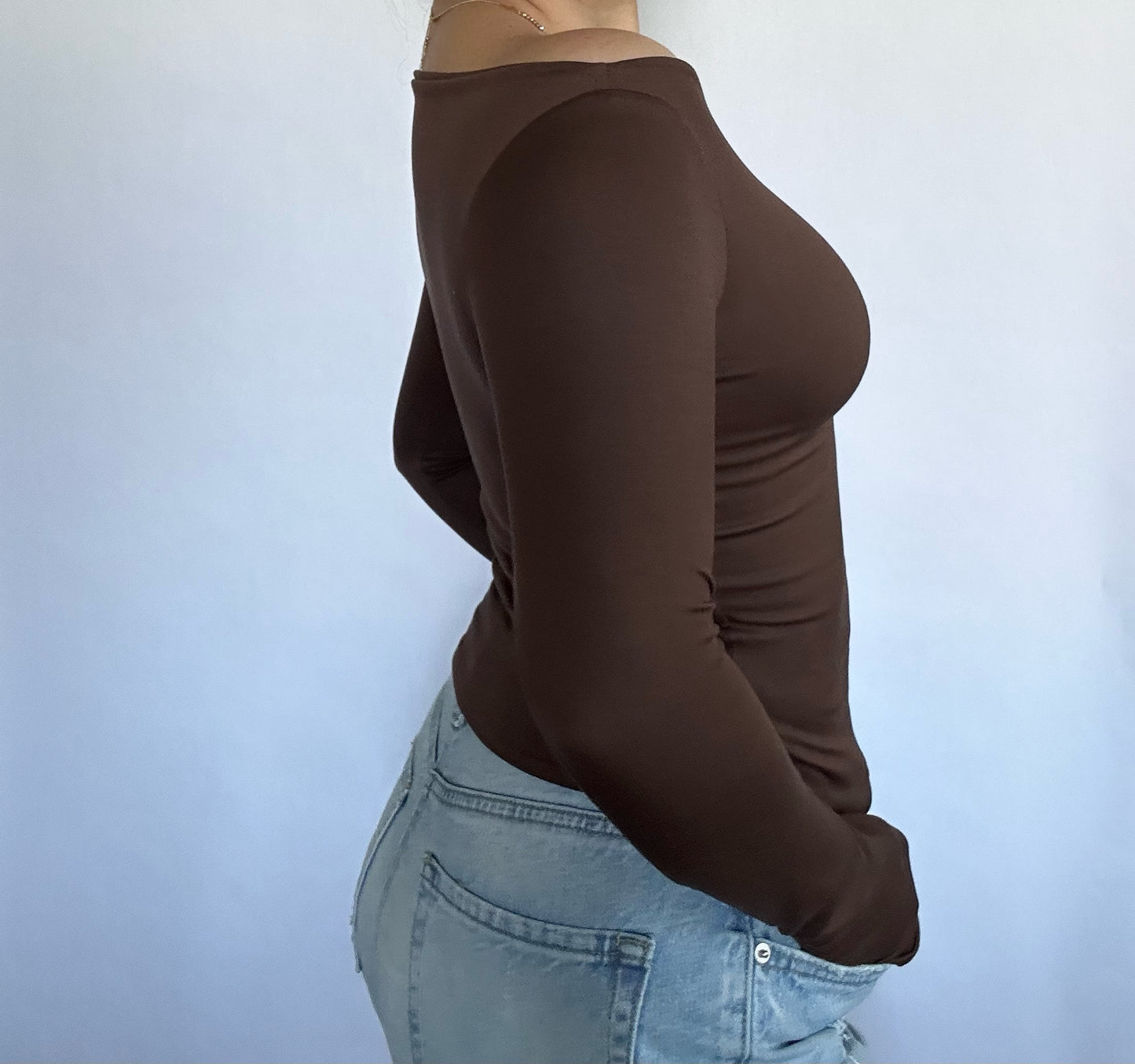 Long Sleeve Boat Neckline Top- Dark Brown