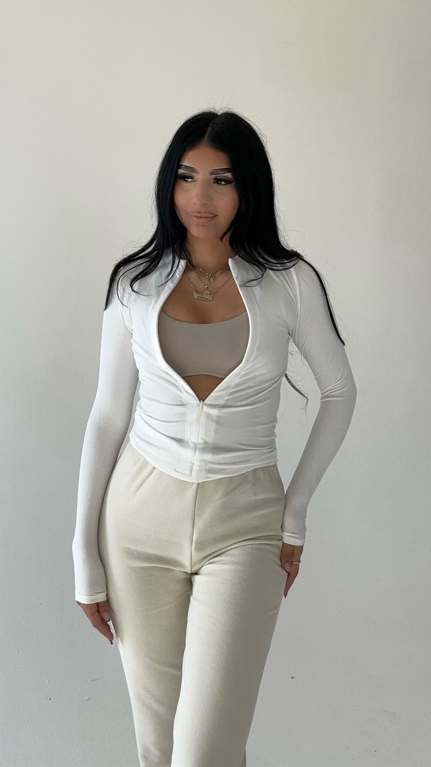 Half Zip Essential Long Sleeve- White