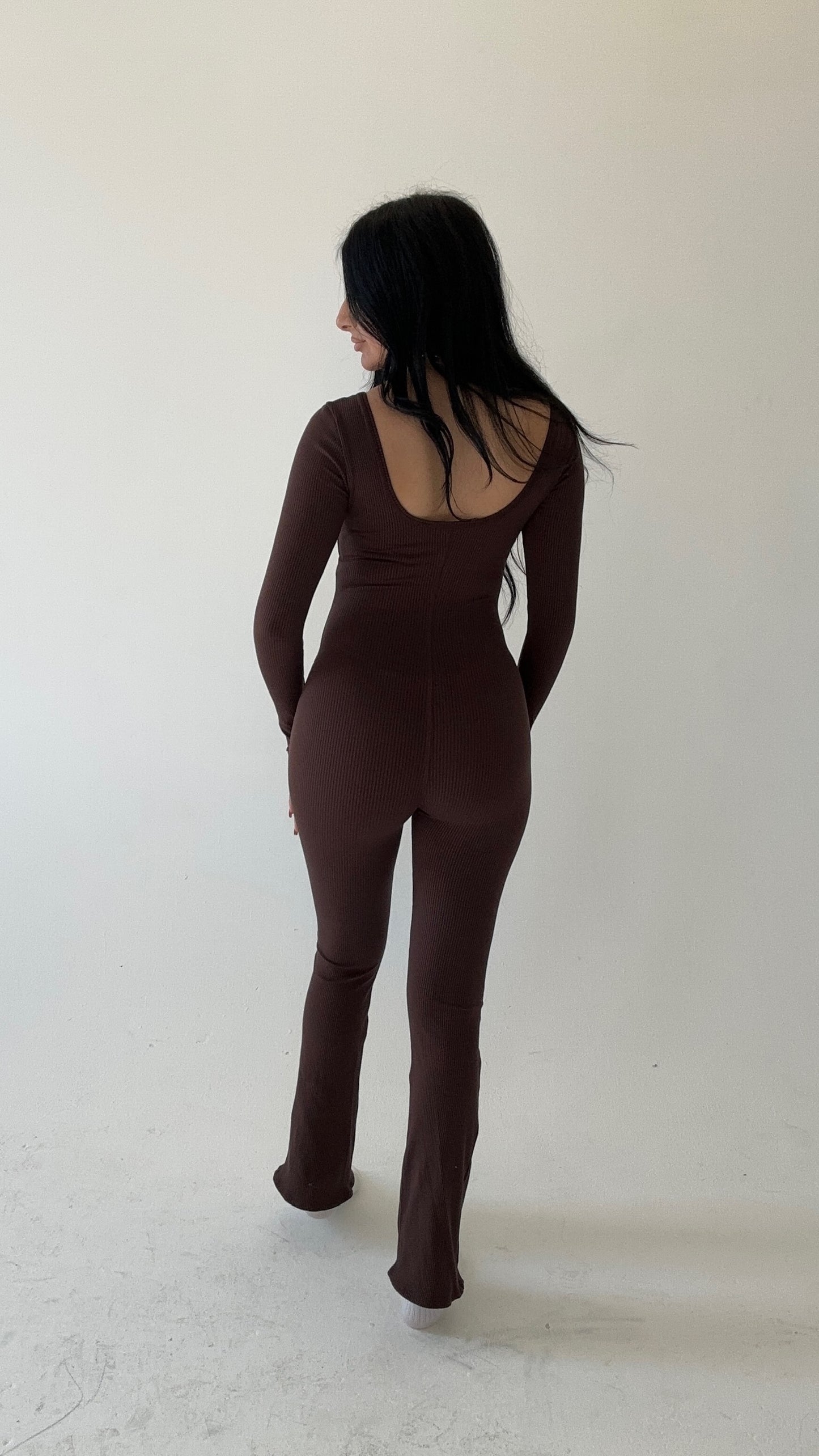 Flare long sleeve jumpsuit- Chocolate