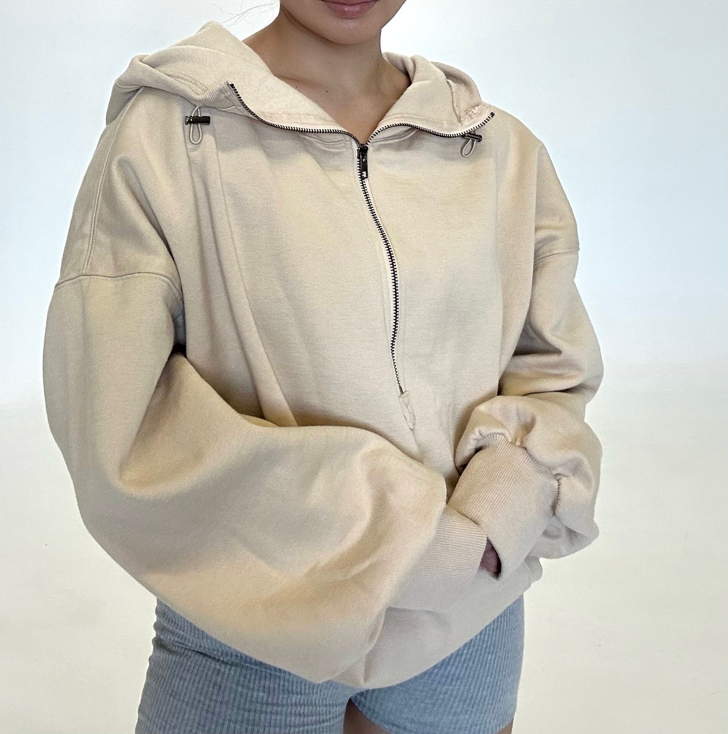 Half Zip Hoodie- Cream