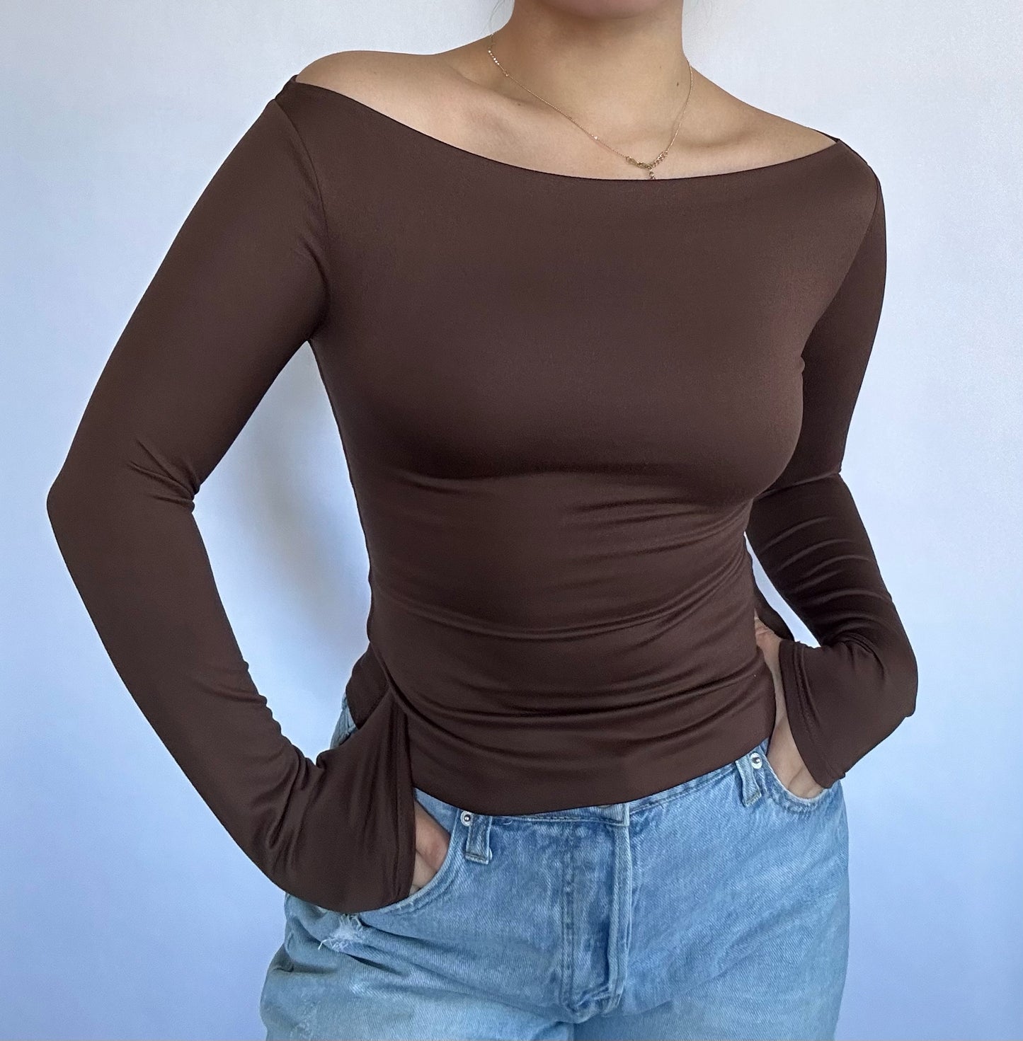 Long Sleeve Boat Neckline Top- Dark Brown