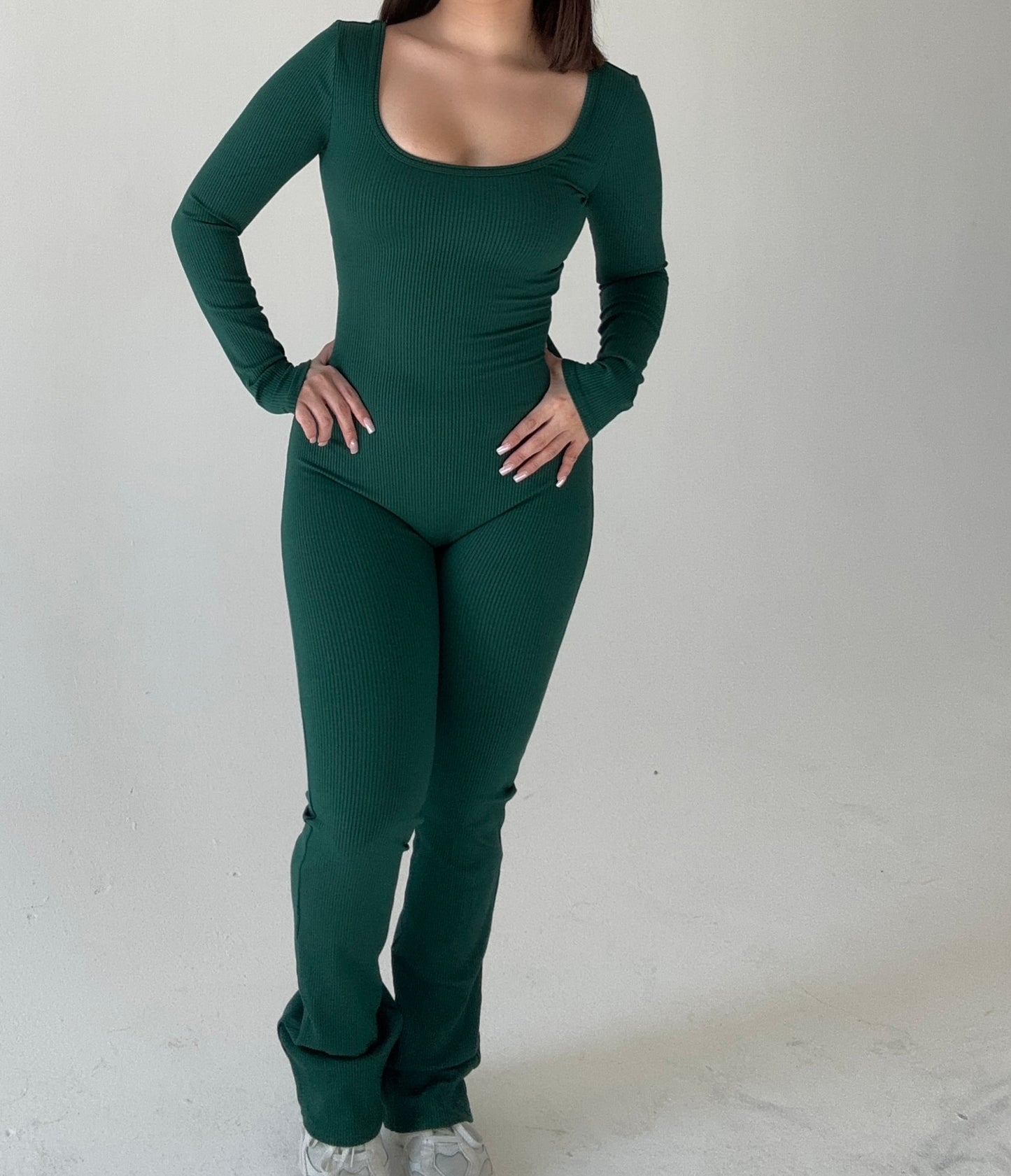 Flare long sleeve jumpsuit- Hunter green
