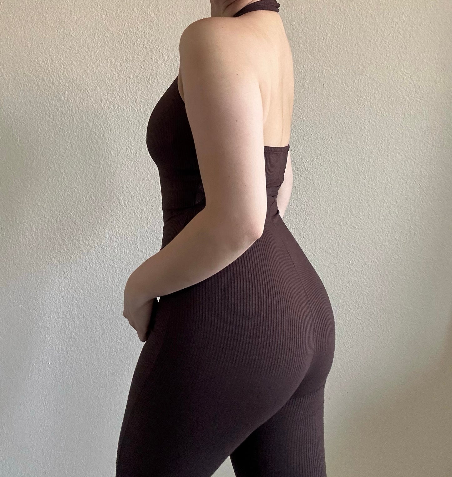 Halter ribbed jumpsuit- chocolate