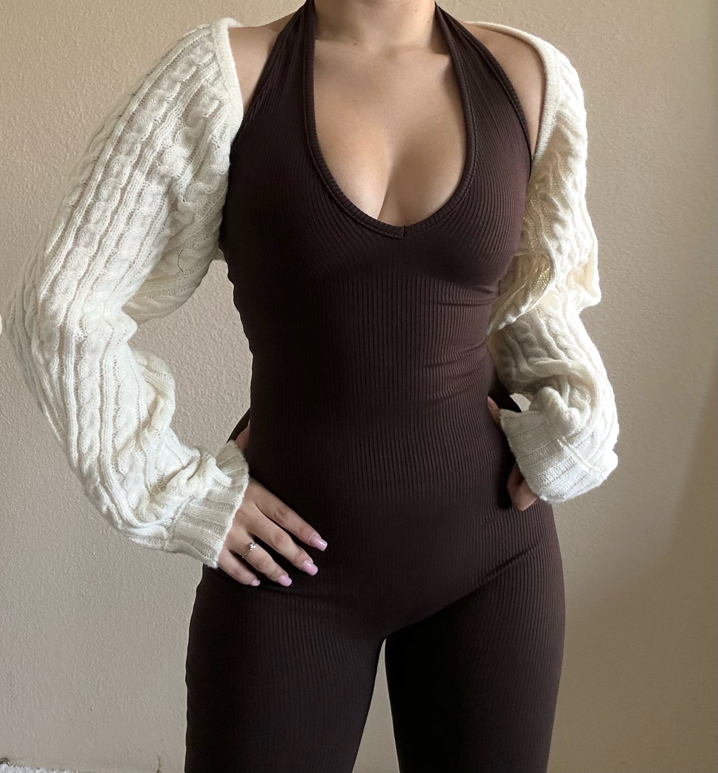 Halter ribbed jumpsuit- chocolate
