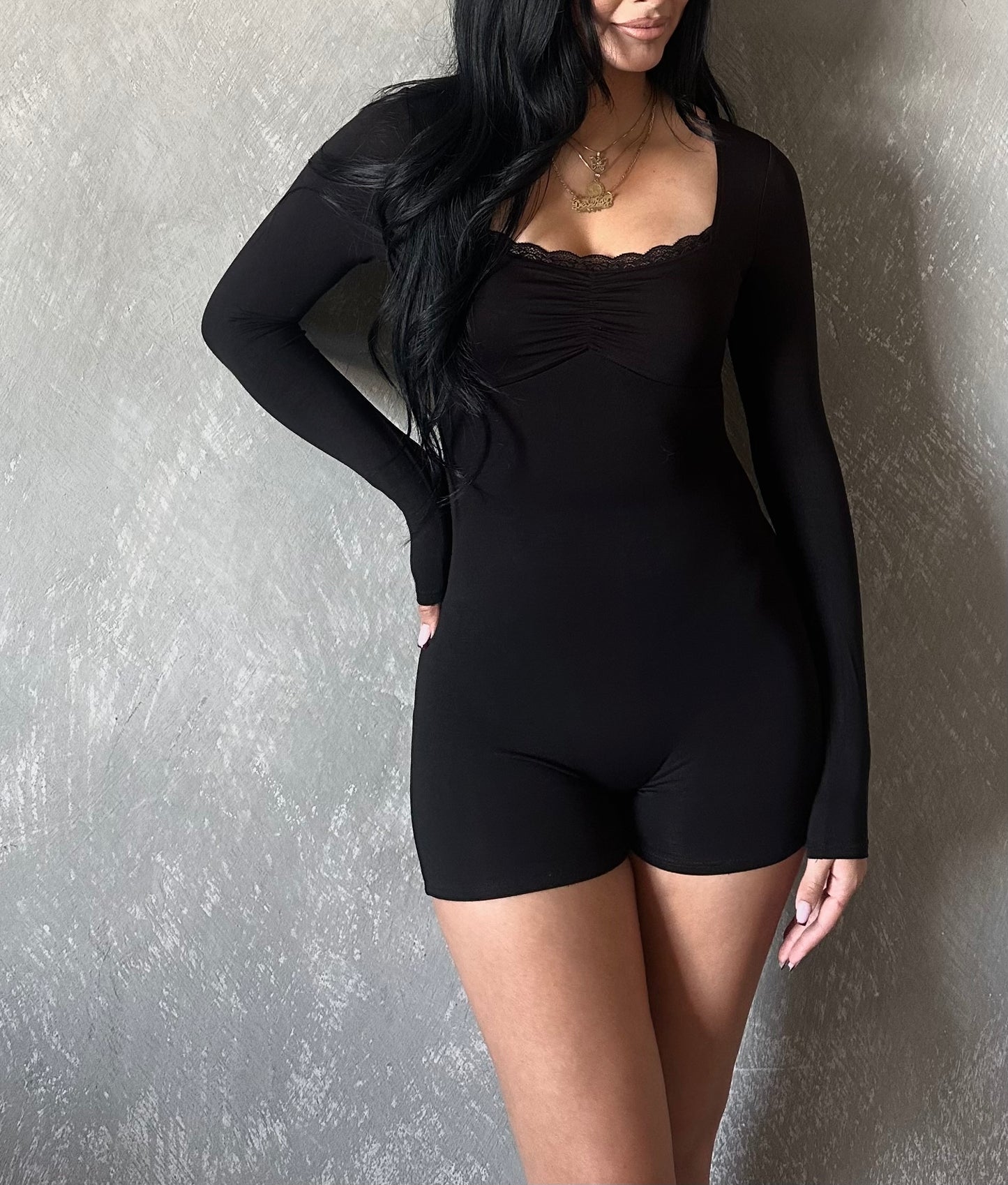 Lacey Long Sleeve Romper- Black