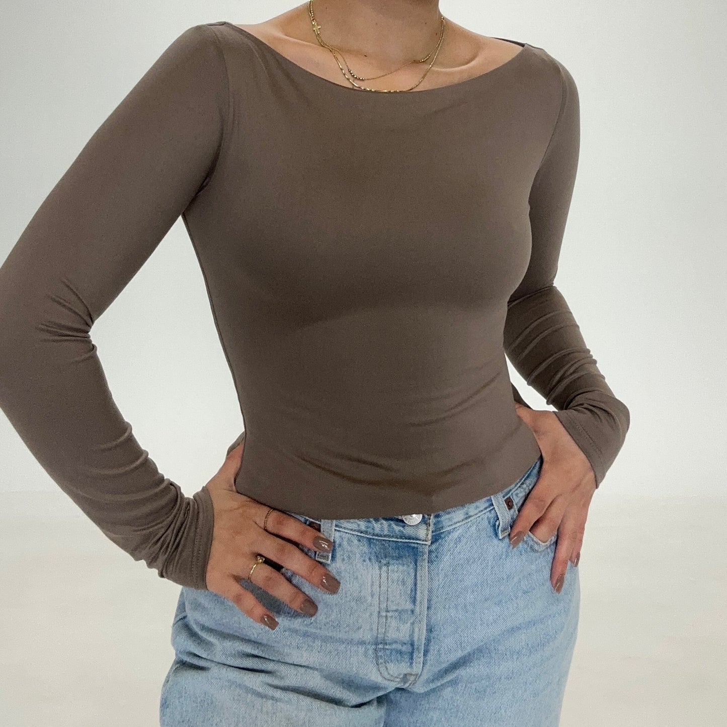 Long Sleeve Boat Neckline Top- Mocha