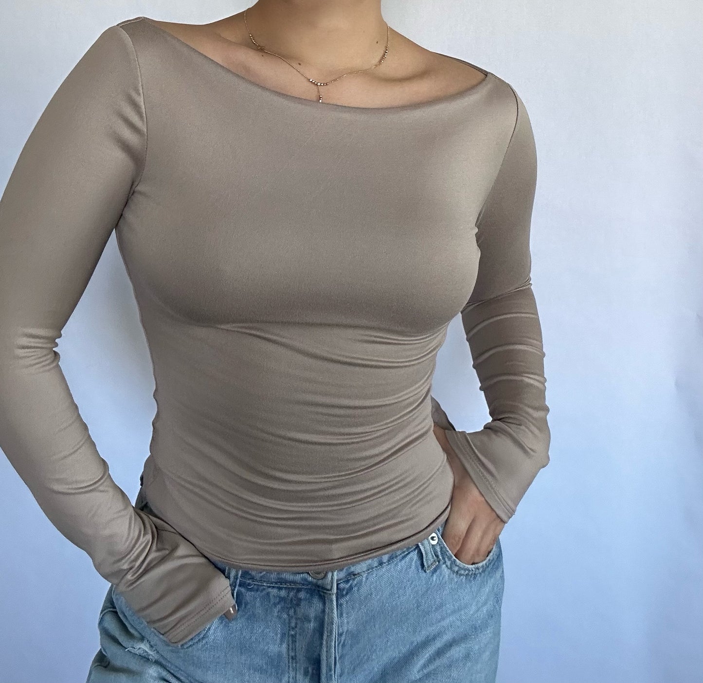 Long Sleeve Boat Neckline Top- Oatmeal