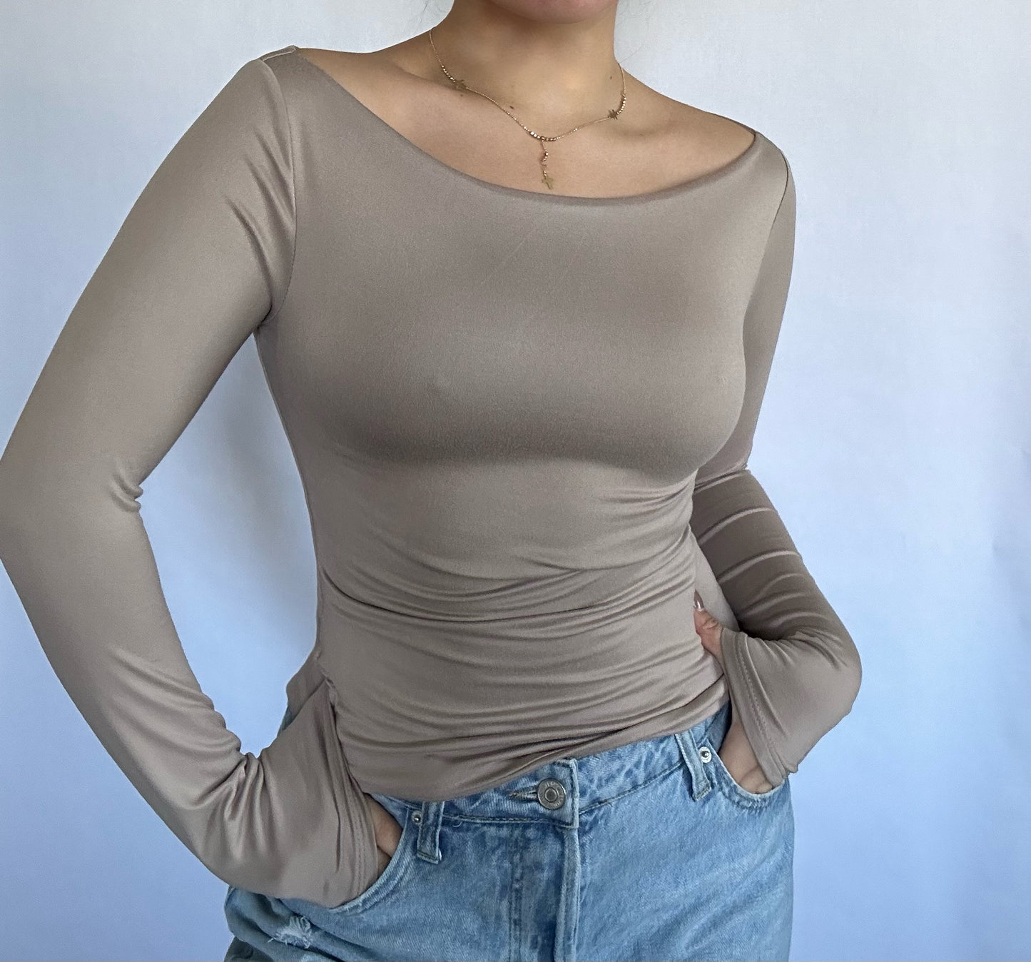 Long Sleeve Boat Neckline Top- Oatmeal