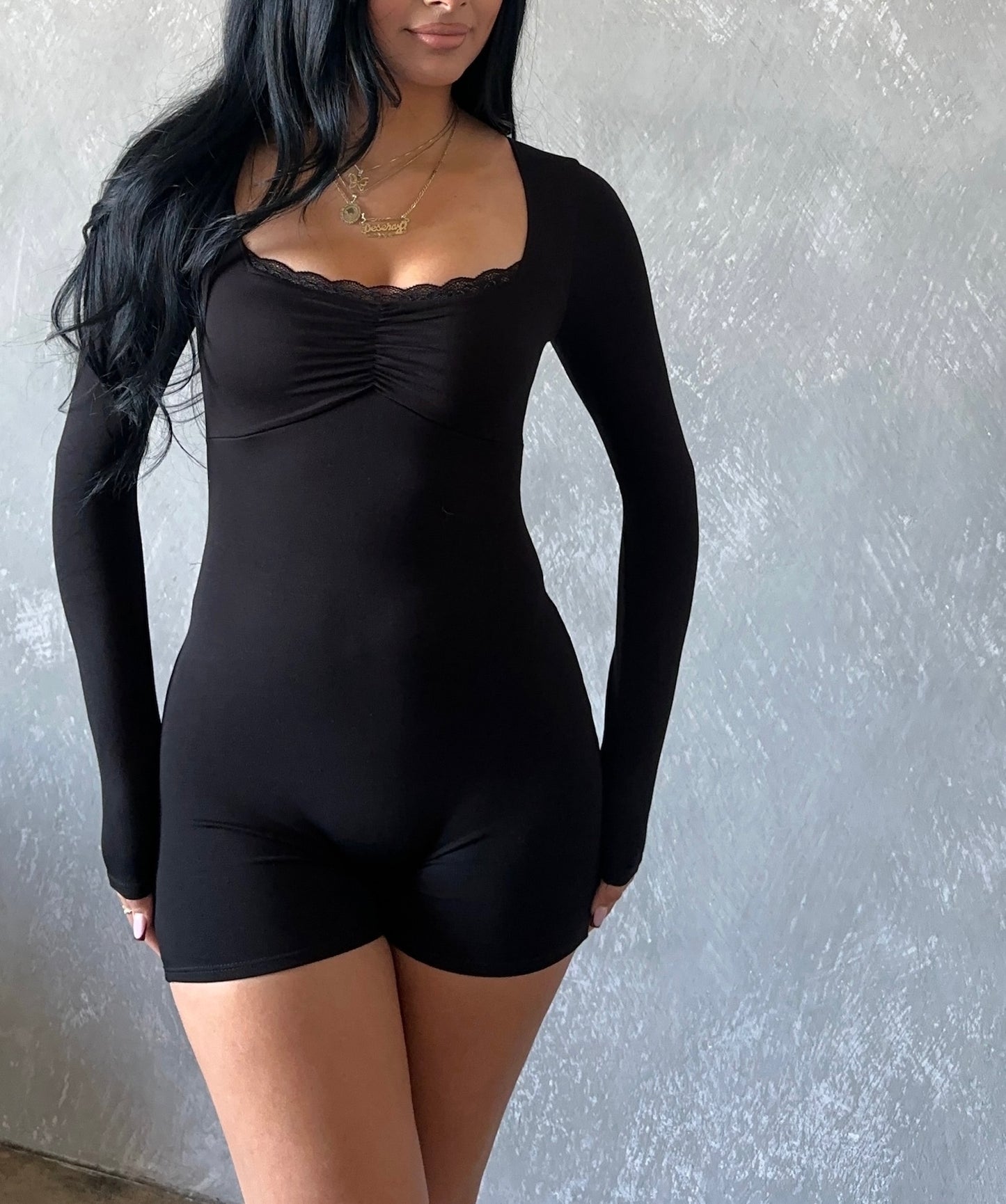 Lacey Long Sleeve Romper- Black
