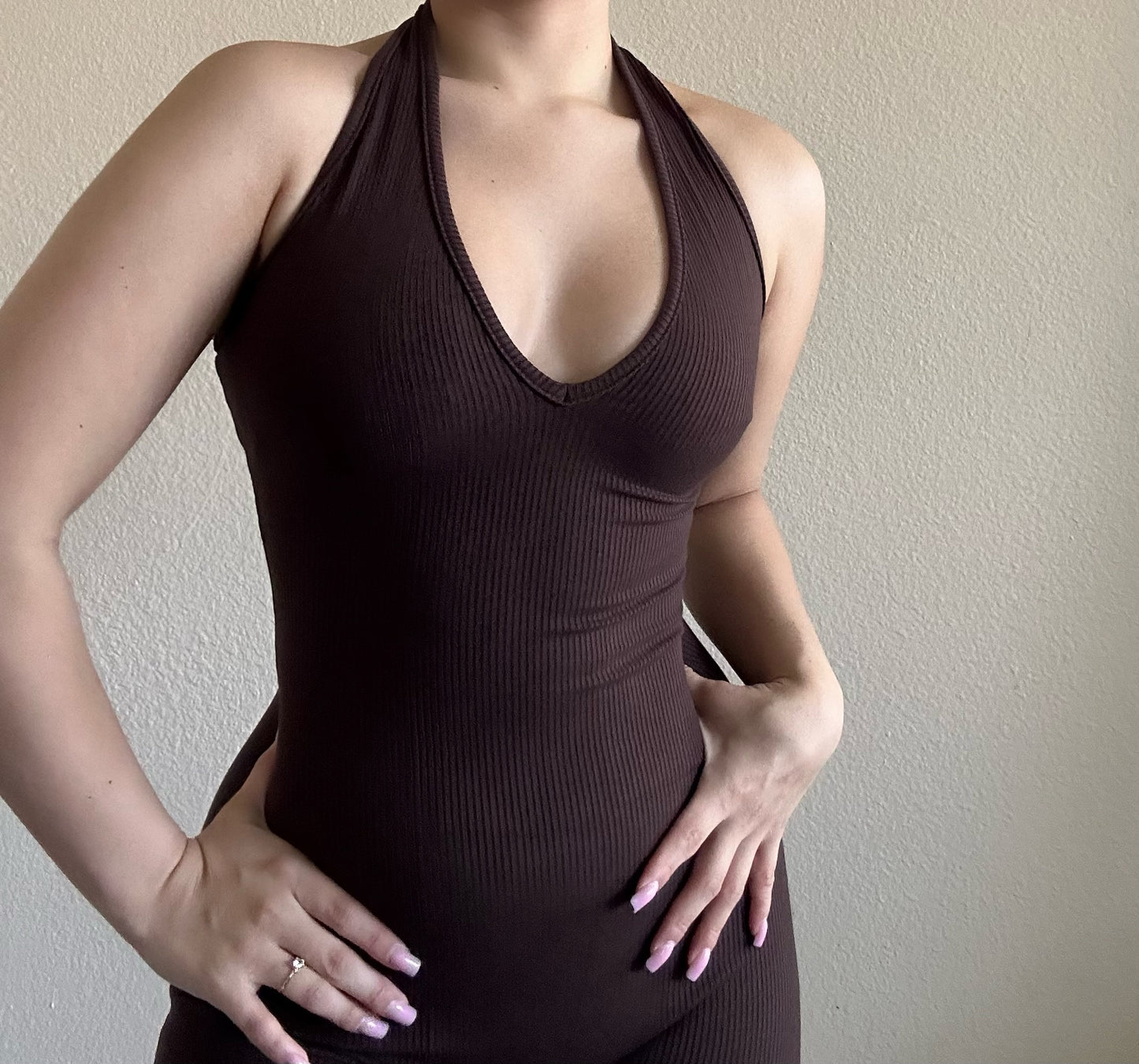 Halter ribbed jumpsuit- chocolate