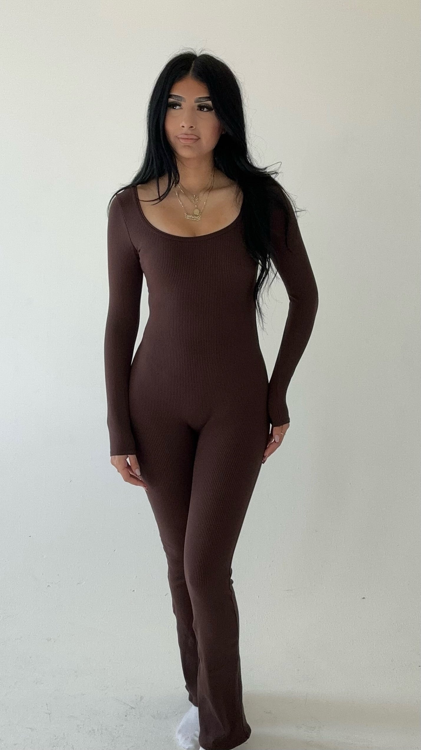 Flare long sleeve jumpsuit- Chocolate