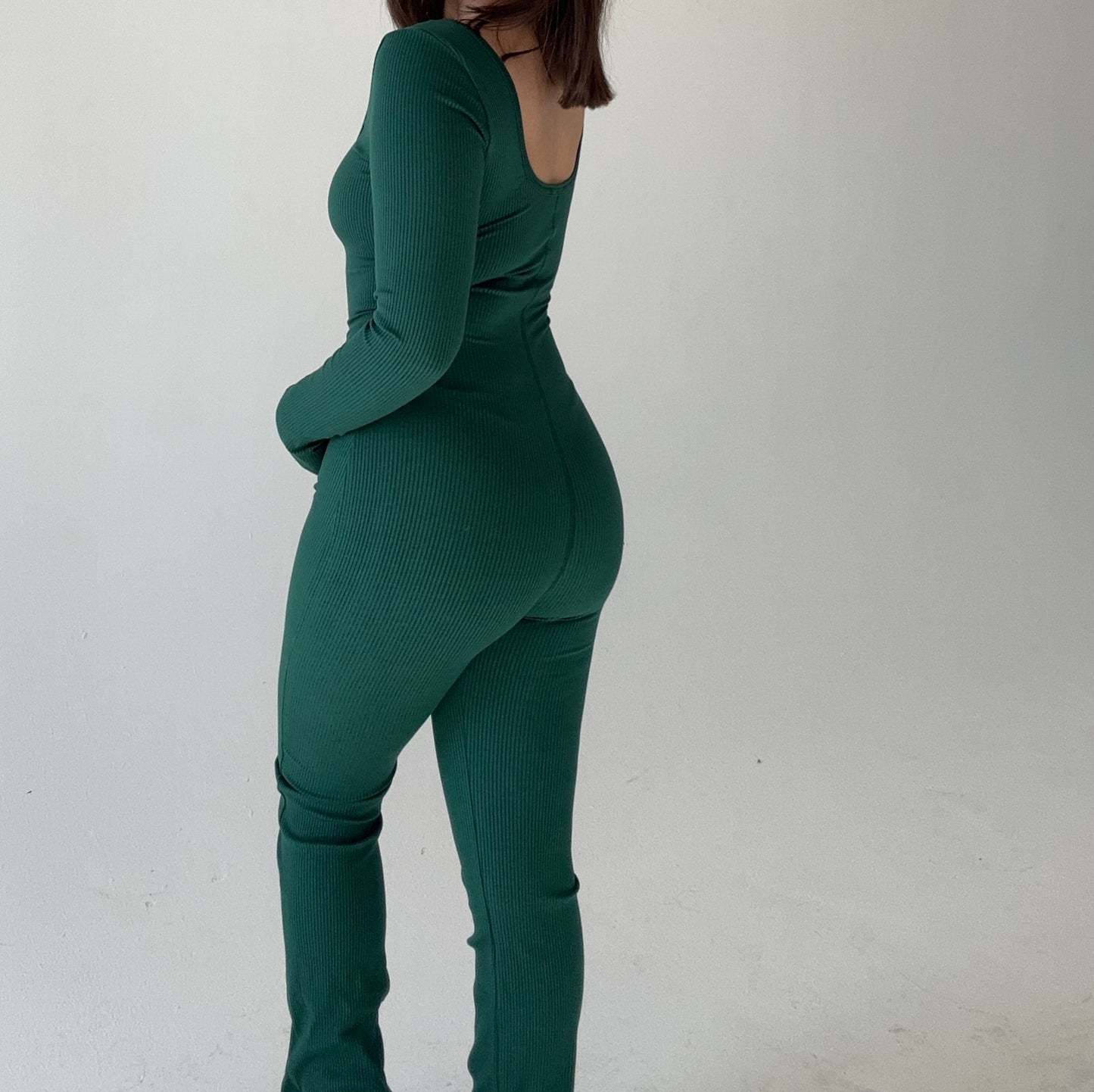 Flare long sleeve jumpsuit- Hunter green