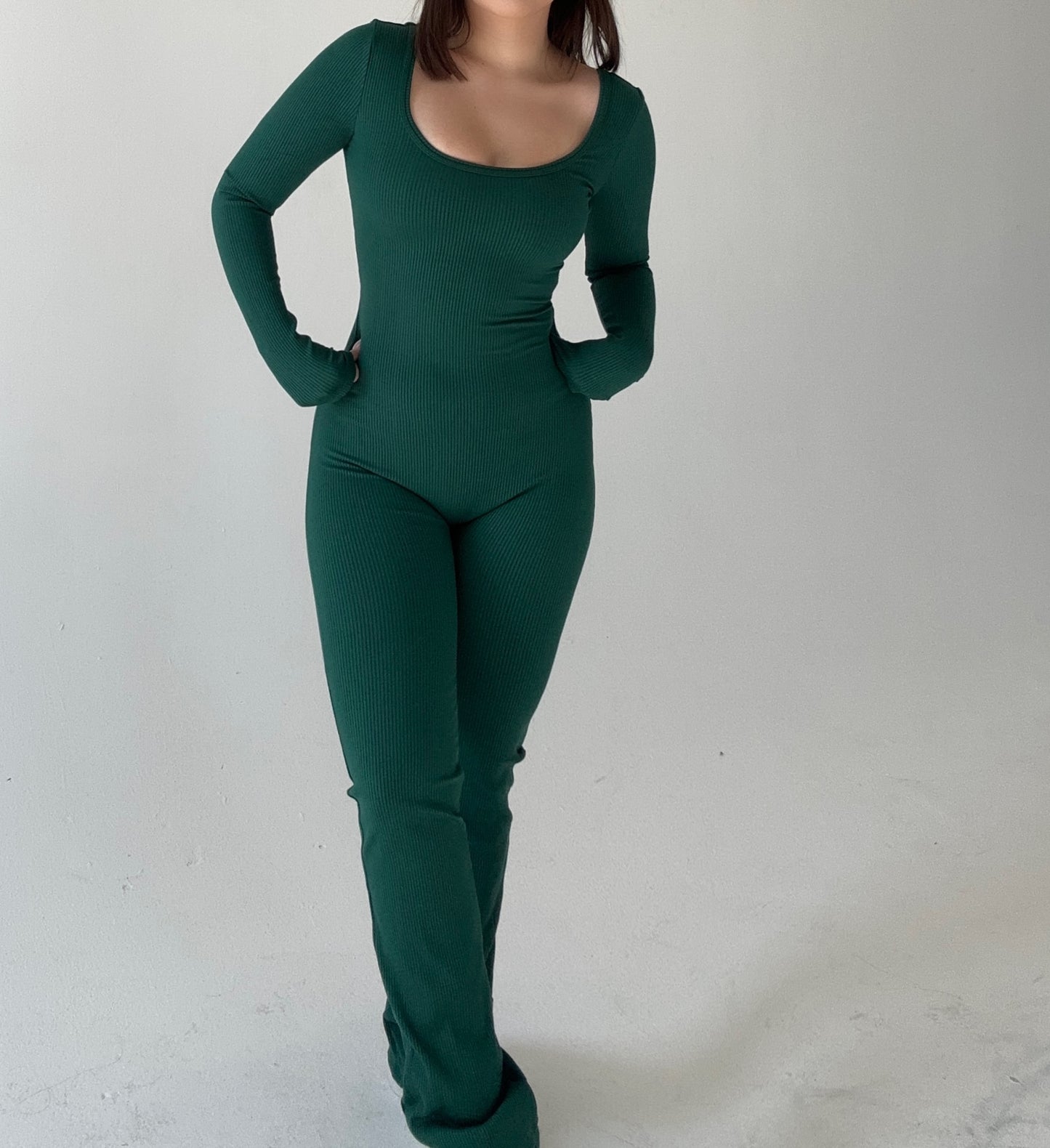 Flare long sleeve jumpsuit- Hunter green