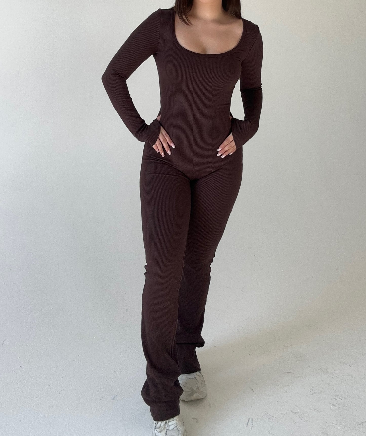 Flare long sleeve jumpsuit- Chocolate