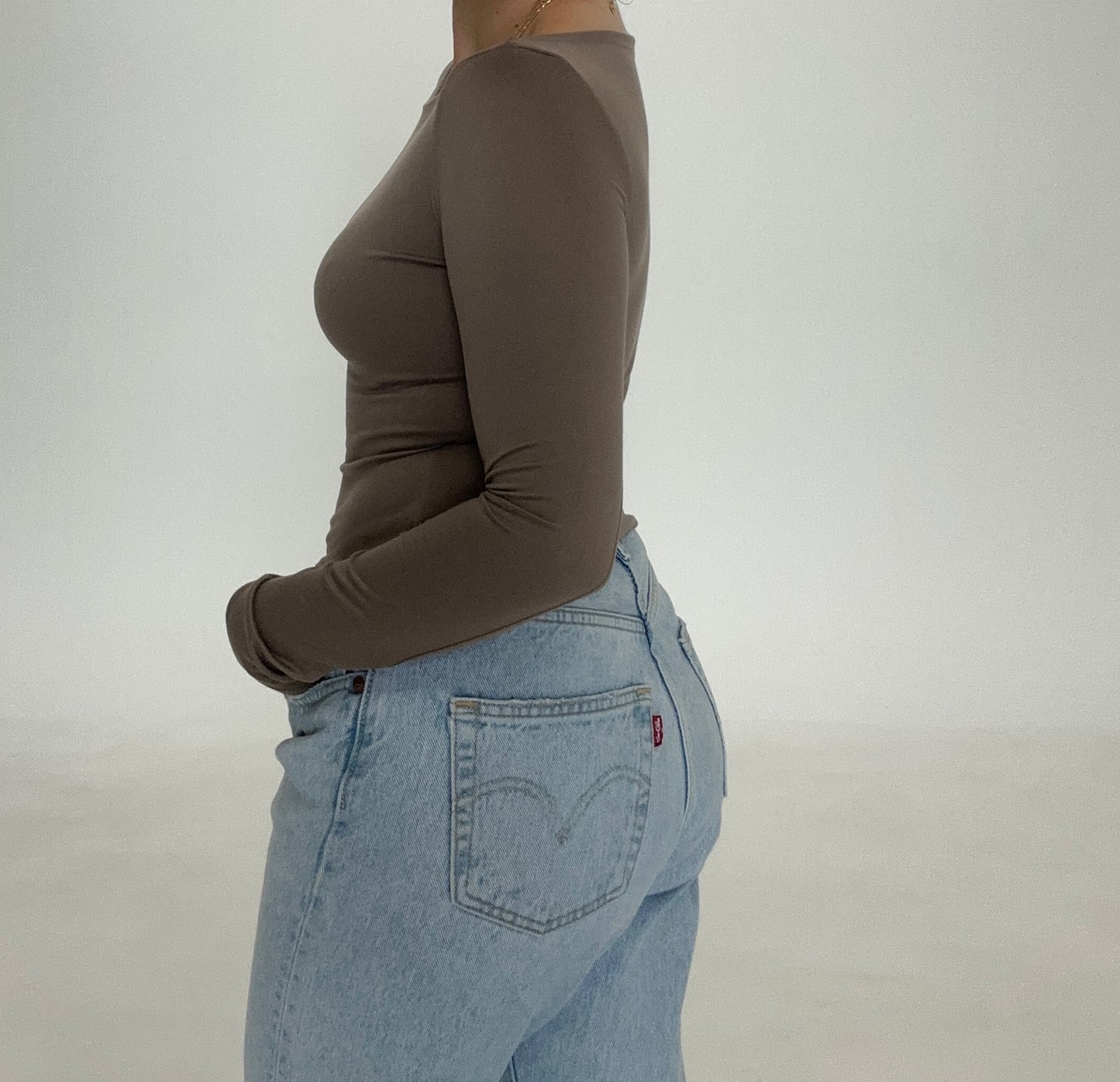 Long Sleeve Boat Neckline Top- Mocha