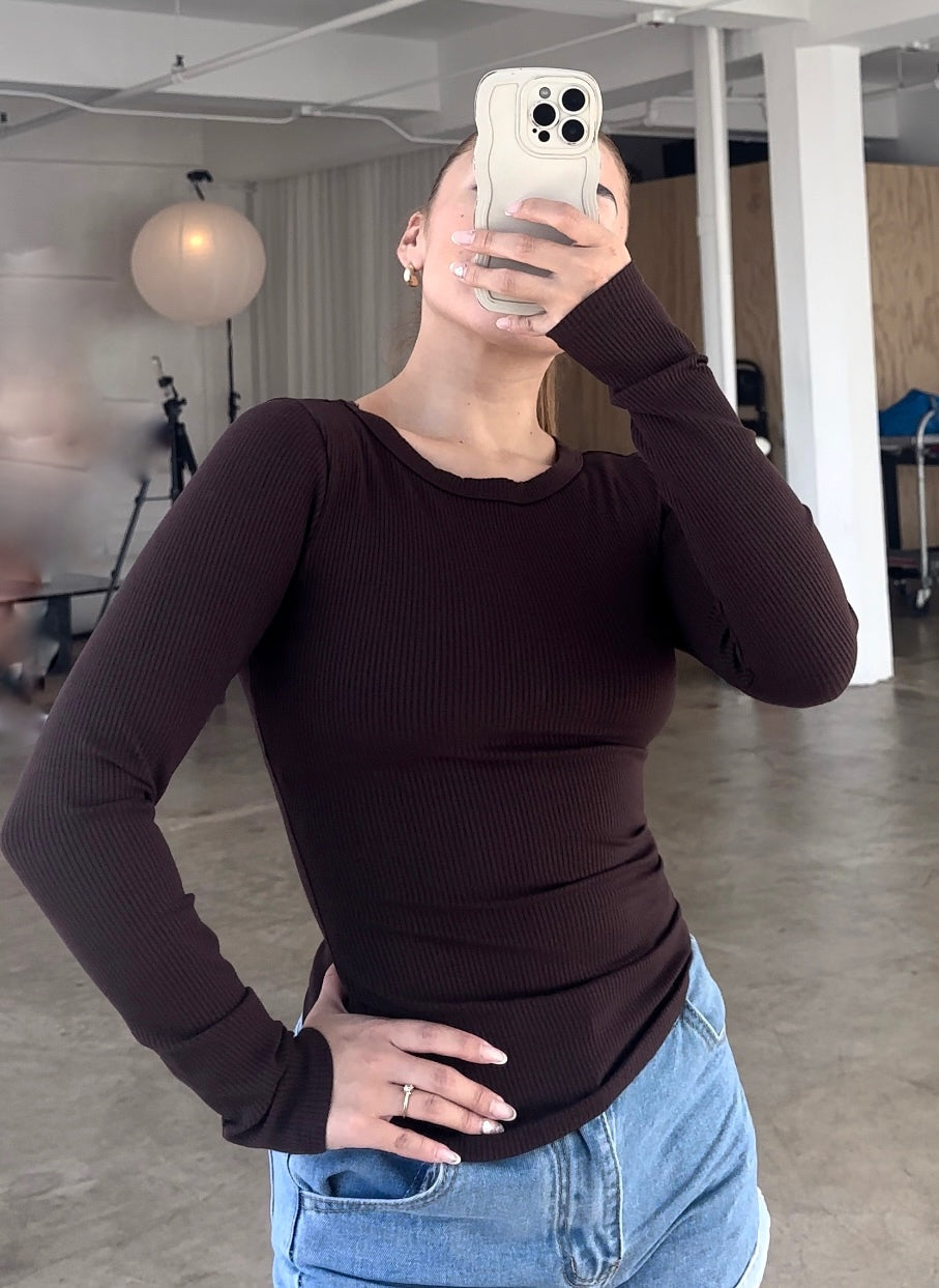 Ribbed Snatching Long Sleeve- Chocolate