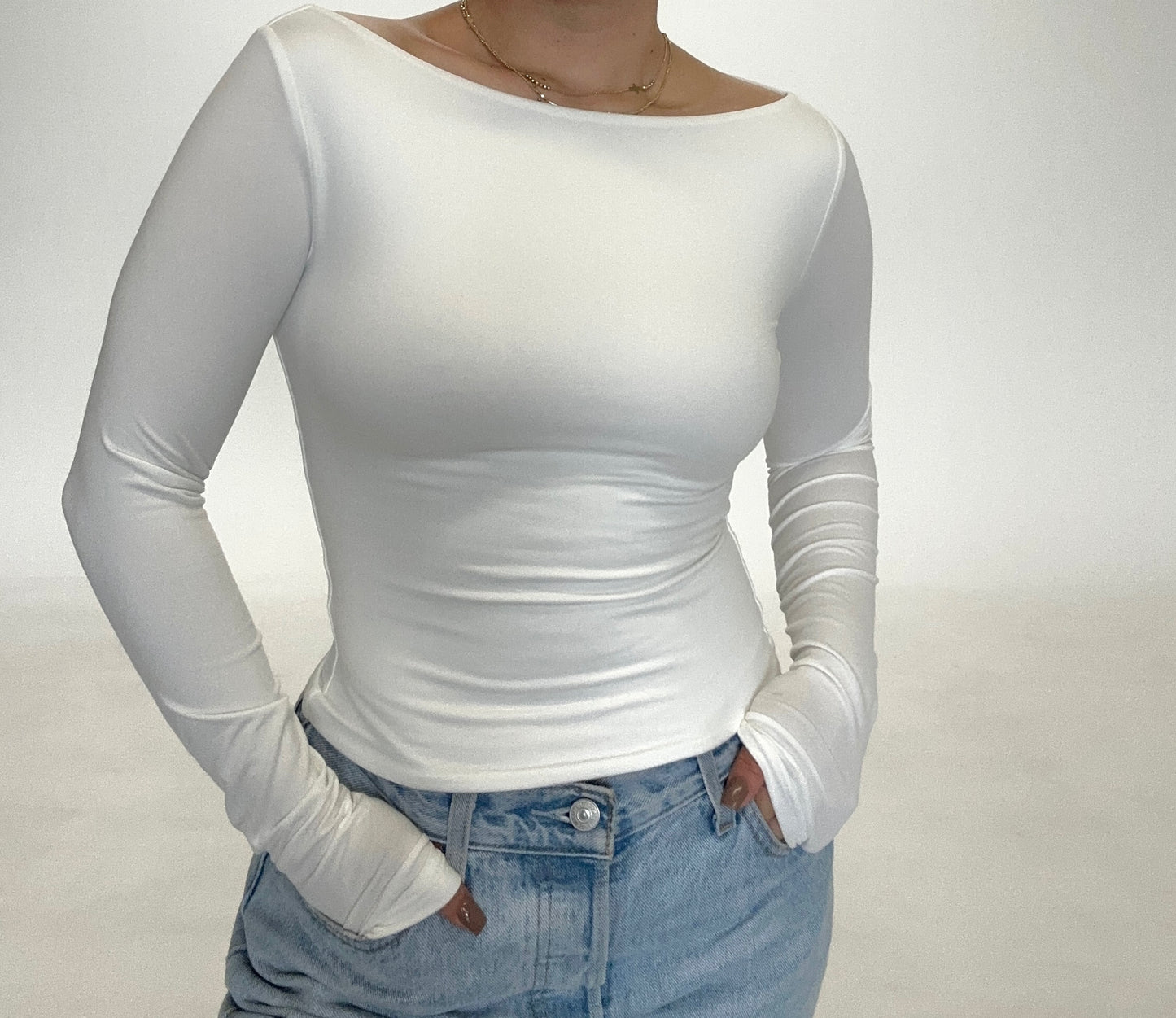 Long Sleeve Boat Neckline Top- Off white