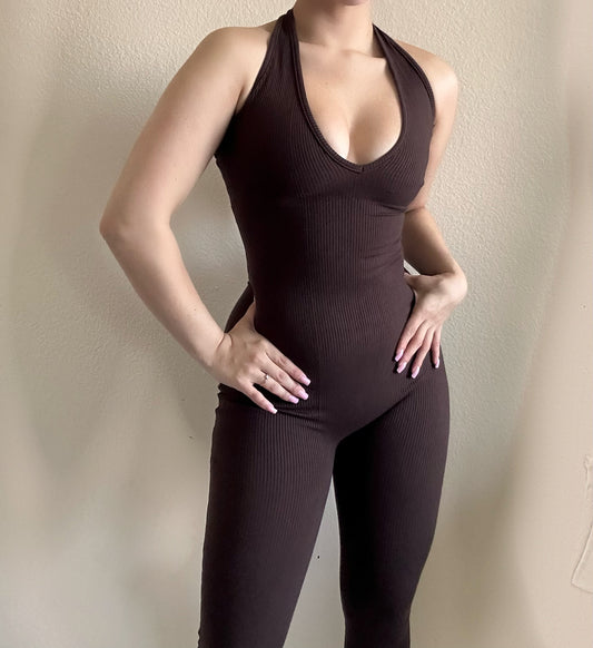 Halter ribbed jumpsuit- chocolate