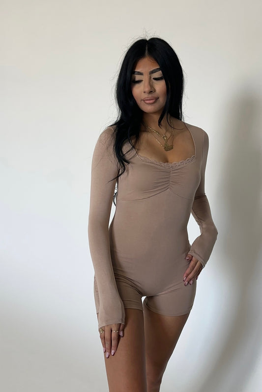 Lacey Long Sleeve Romper- Taupe