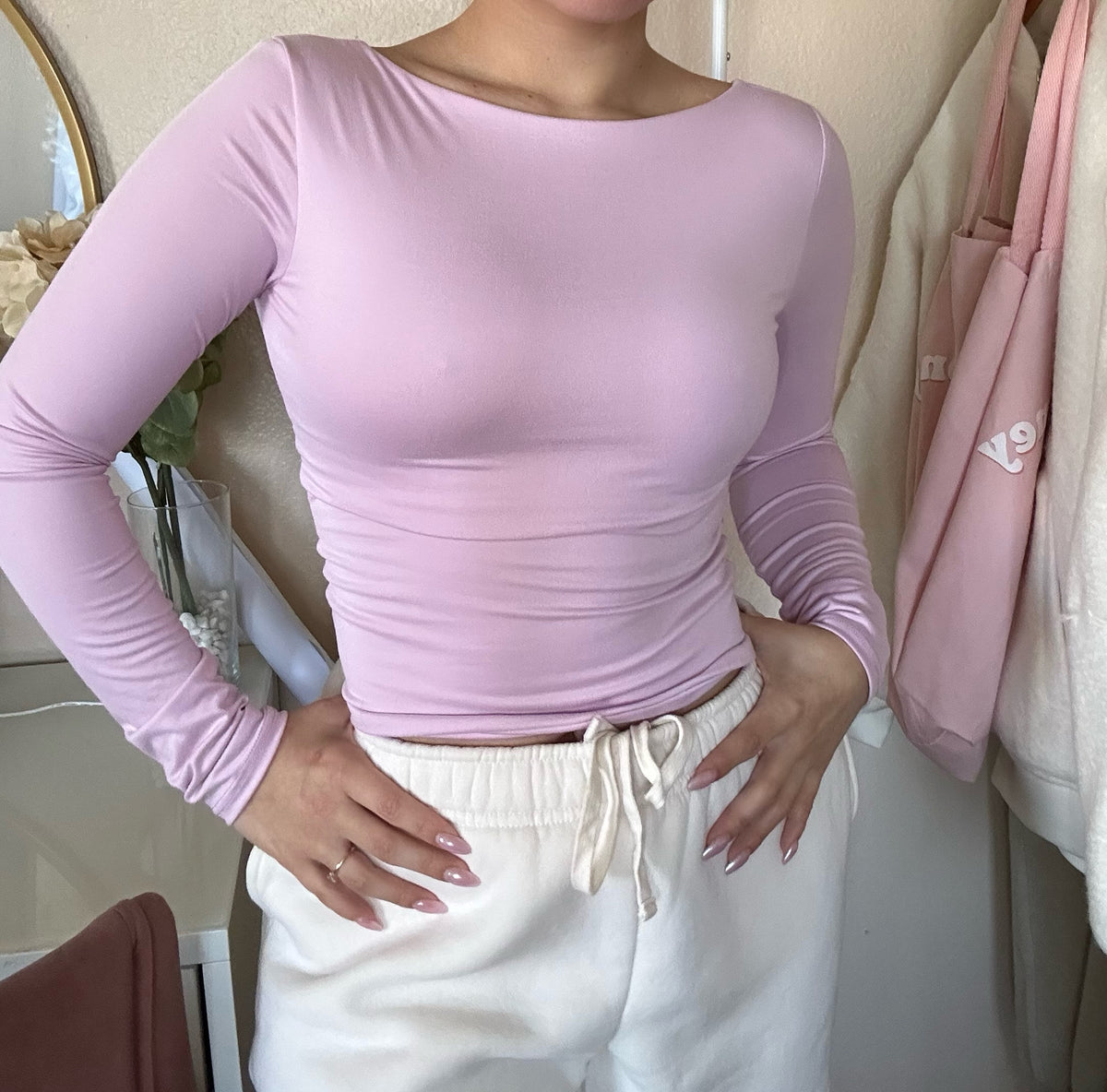 (Reversible) Square Neck Basic Long Sleeve- Pink