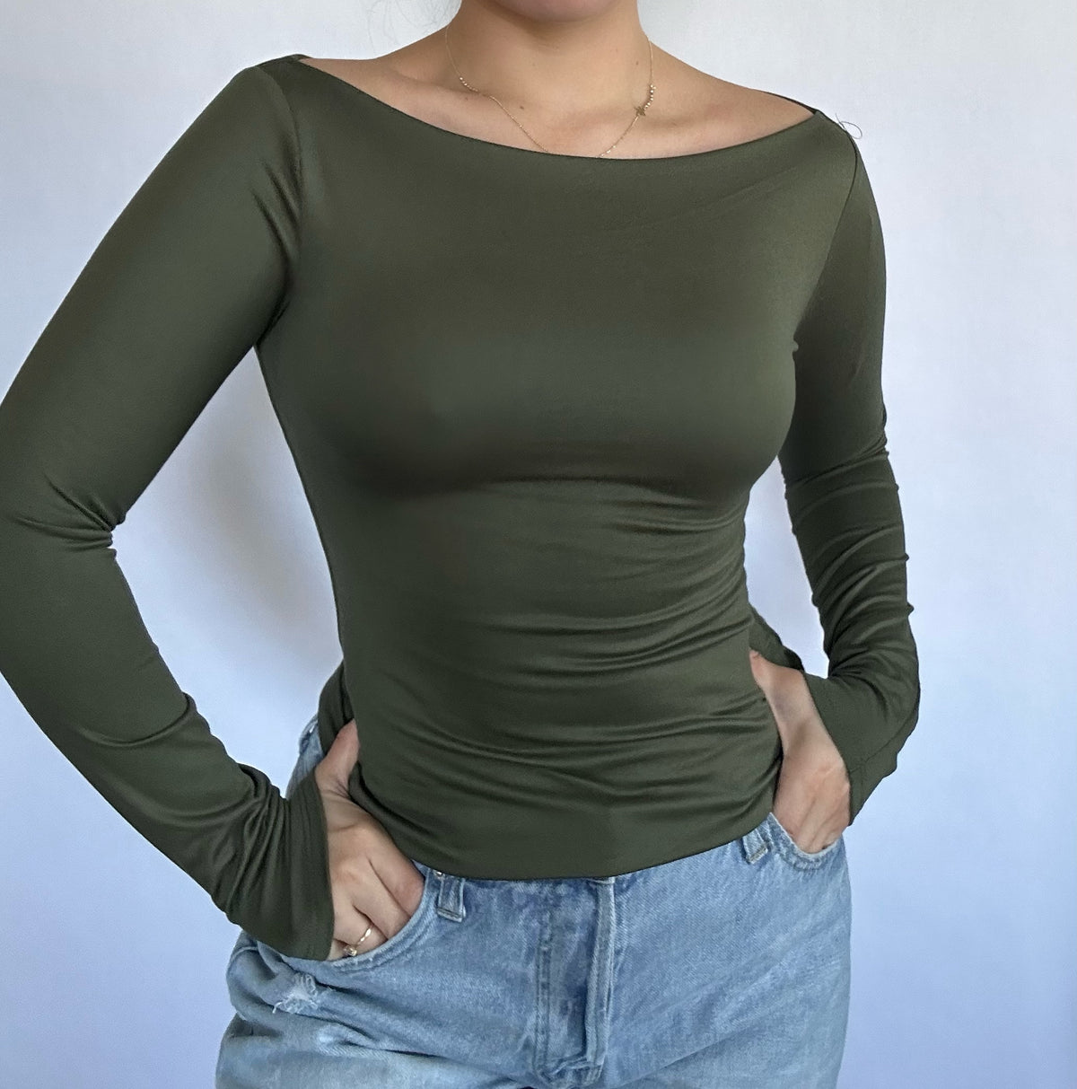 Long Sleeve Boat Neckline Top- Dark Green