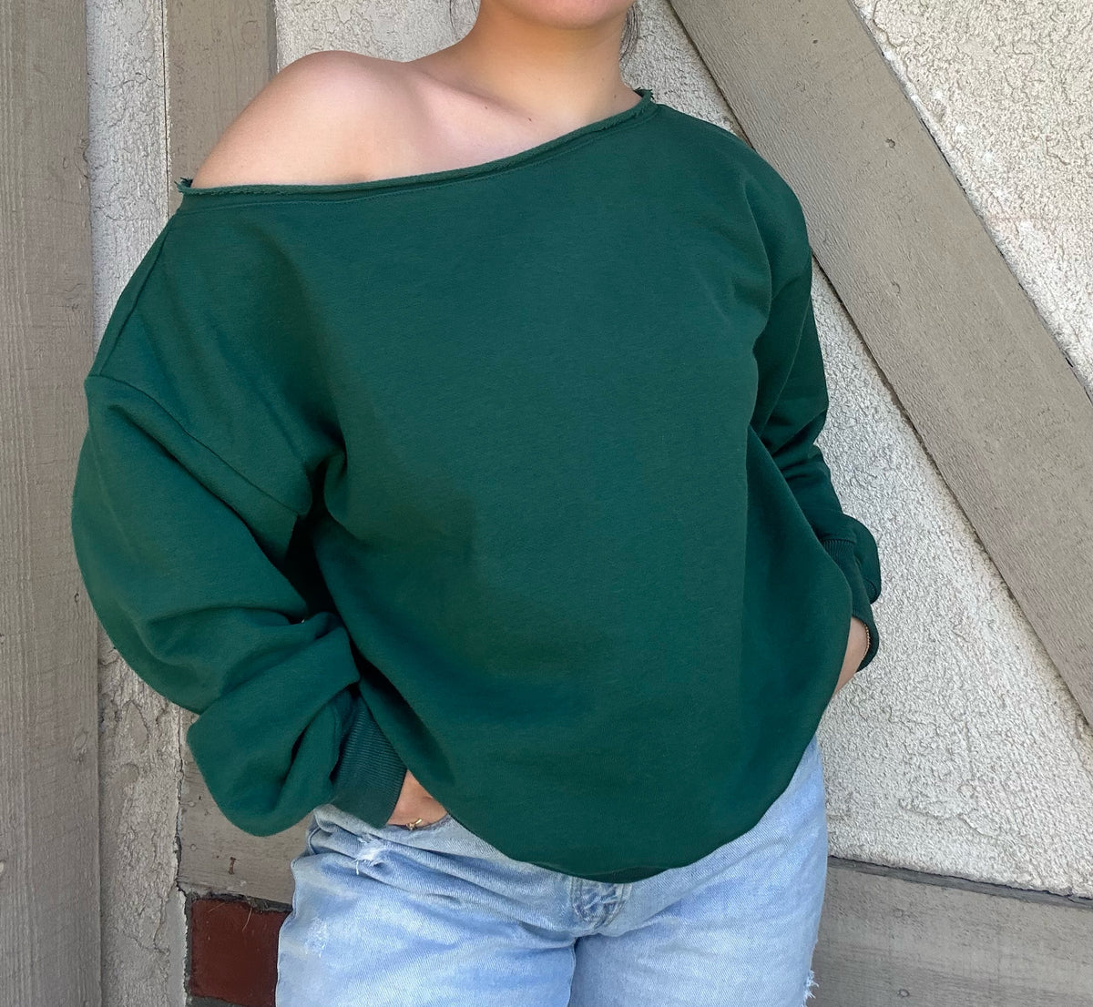 Oversized Off Shoulder Crew- Green