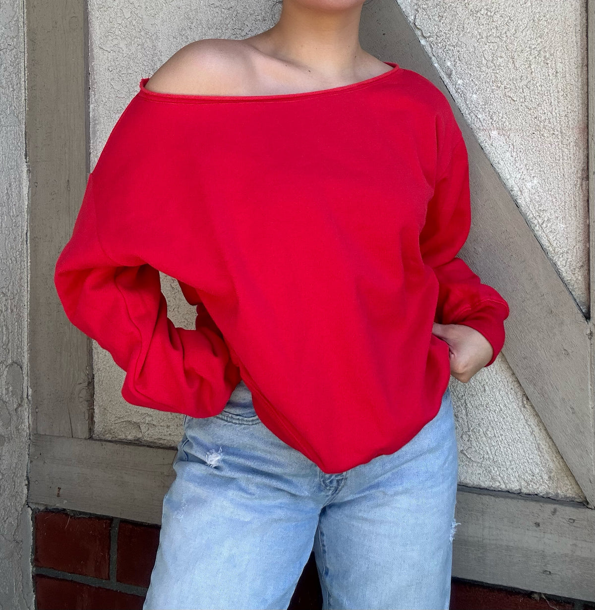 Oversized Off Shoulder Crew- Cherry